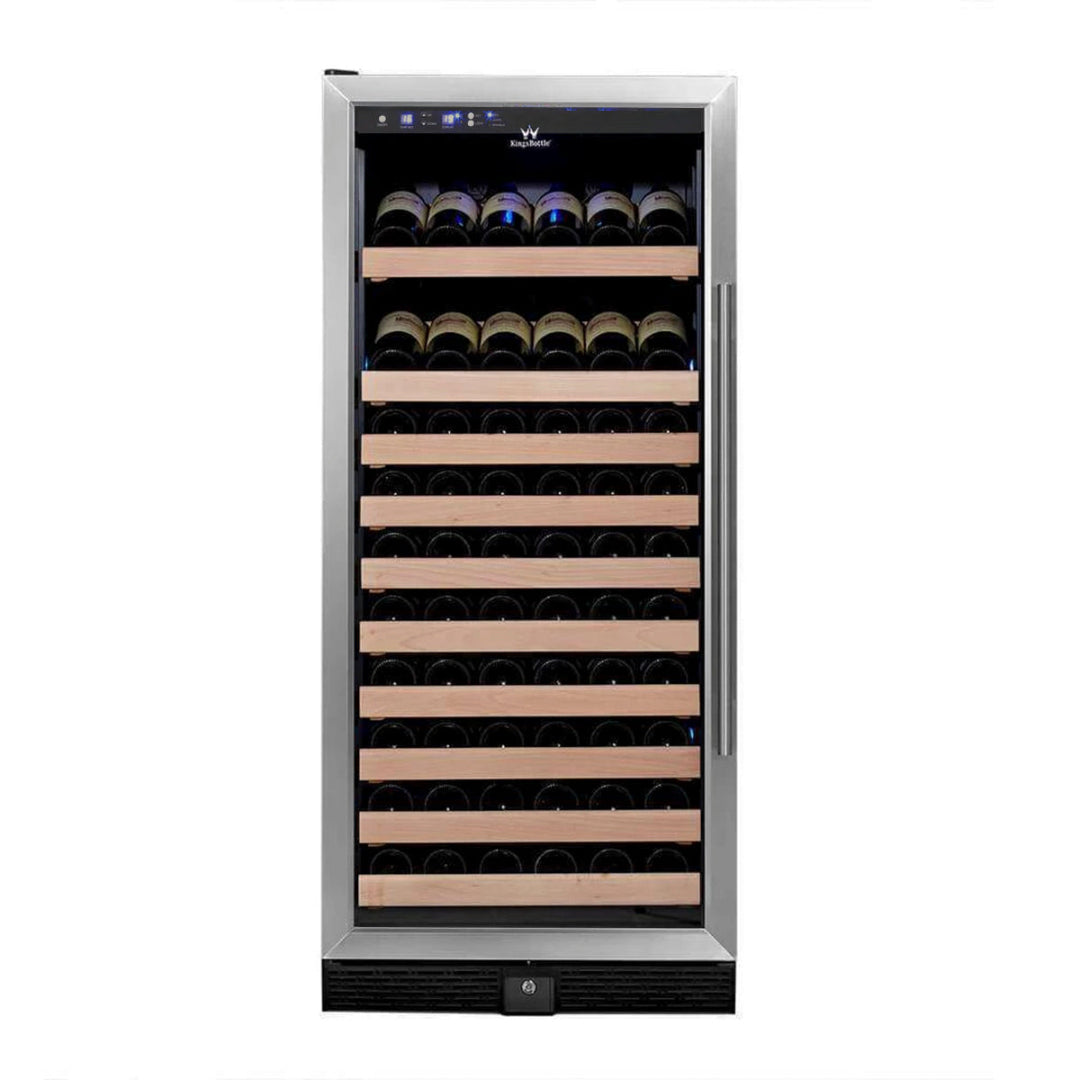 KBU100WX 100-bottle stainless steel built-in wine refrigerator with glass door, beechwood shelves, digital temperature control and blue LED lighting