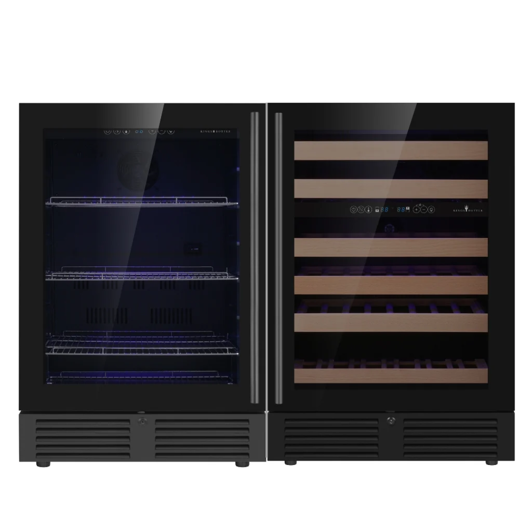 KBU145BW3-FG dual zone undercounter wine refrigerator with black stainless dual glass doors, left beverage section with chrome shelves, right wine section with wooden slide-out racks and digital temperature display