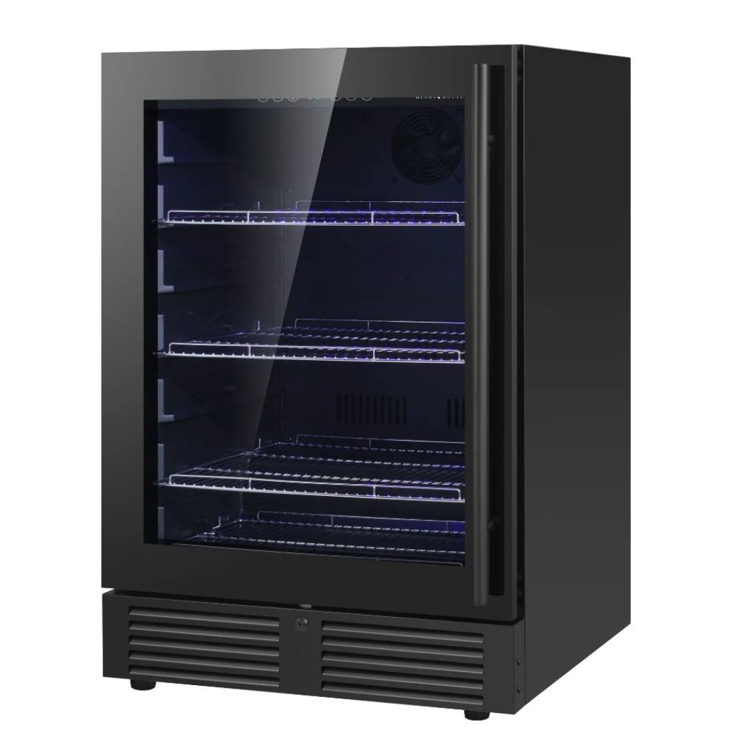 KBU145BX-FGLHH black undercounter glass door beverage refrigerator with three chrome wire shelves, blue LED interior lighting, vertical handle and lockable front vent