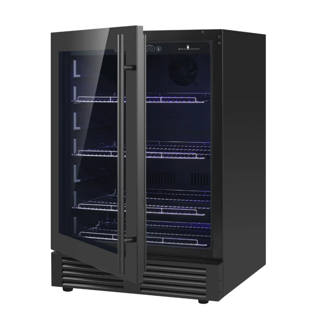 KingsBottle KBU145BX-FGLHH compact black built-in undercounter beverage cooler for home bar, glass-door wine refrigerator with vertical handle, adjustable chrome wire shelves and blue LED interior lighting