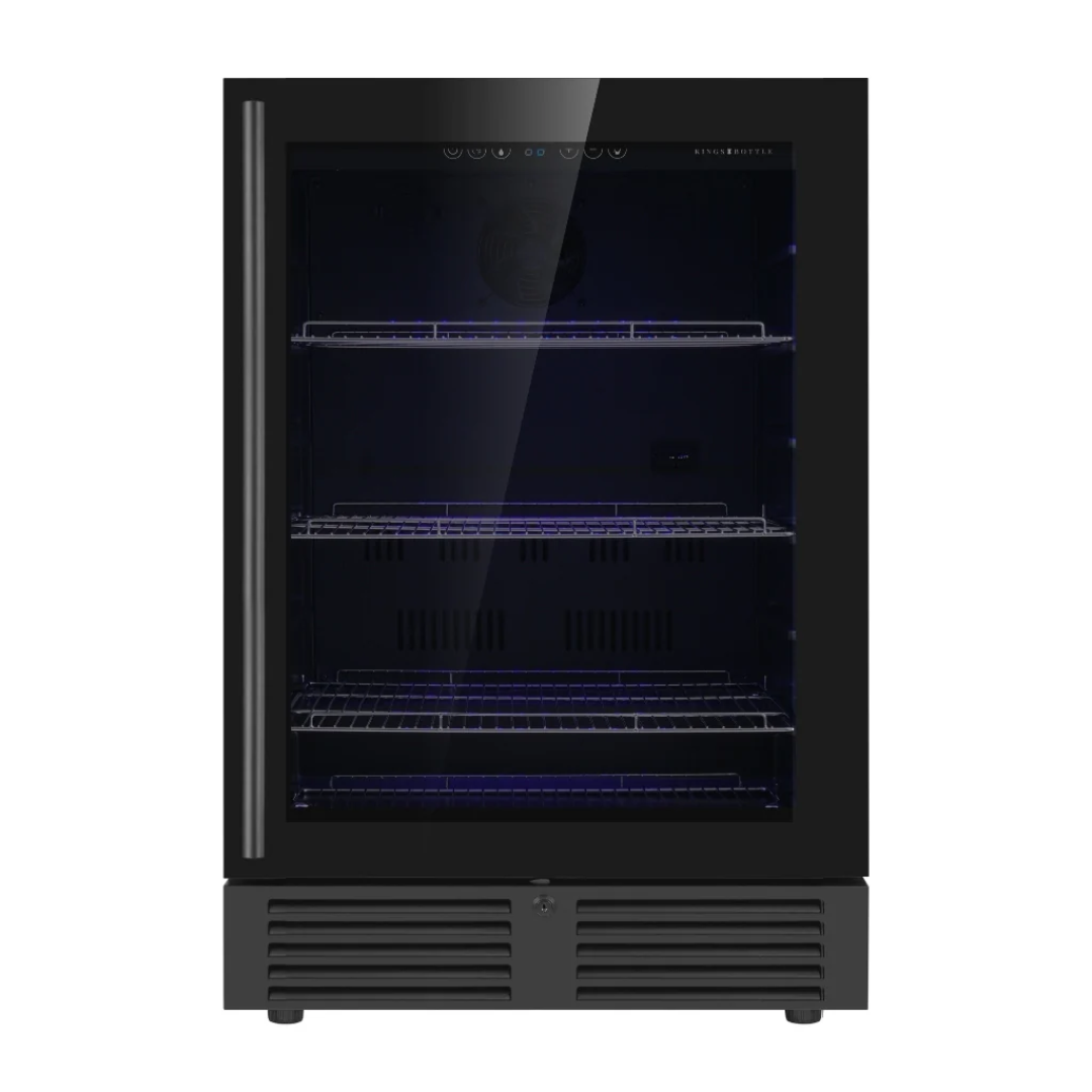 KBU145BX-FGRHH undercounter built-in beverage and wine cooler black glass door stainless handle blue LED interior chrome wire shelves front-vented with keyed lock compact home bar refrigerator