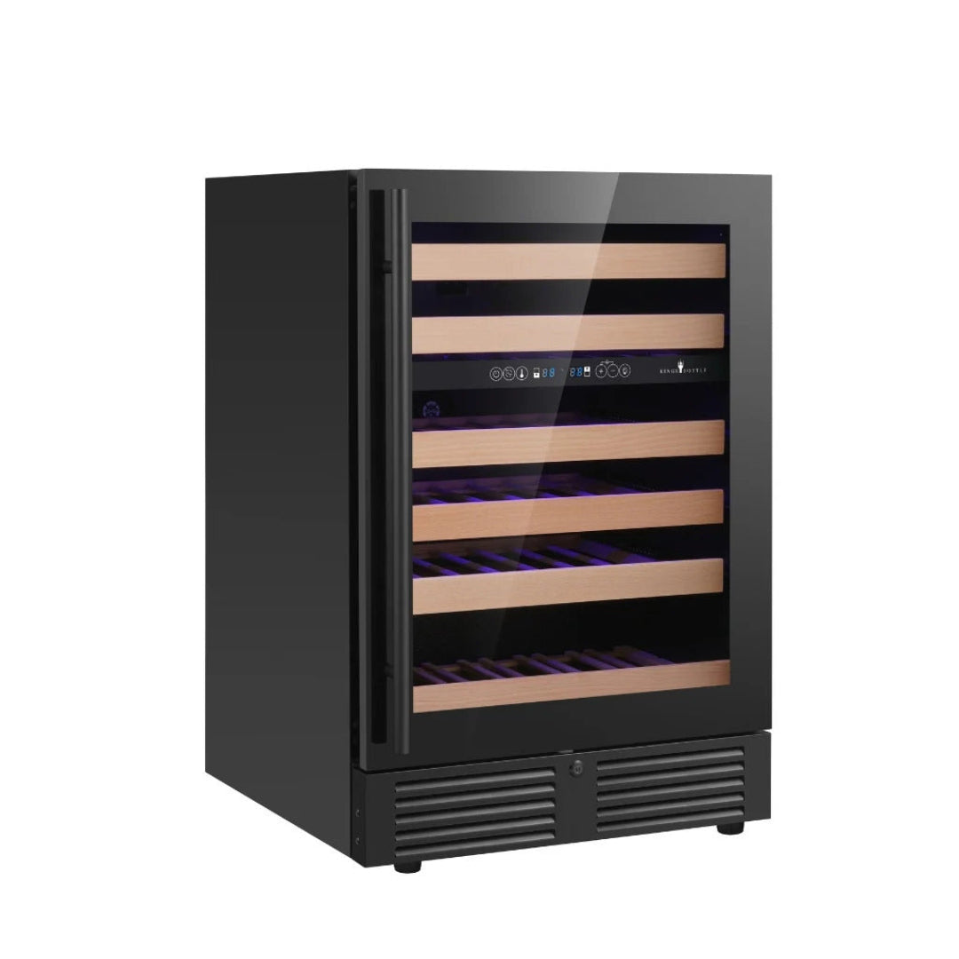 KBU145DX dual‑zone built‑in undercounter wine cooler with black glass door, natural wood shelves, digital touch controls and blue LED interior lighting