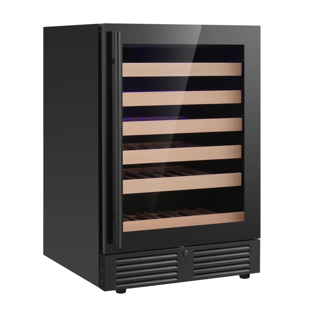 KBU145WX front-vented built-in undercounter wine refrigerator cooler with black glass door, vertical tubular handle and light wood slide-out shelves