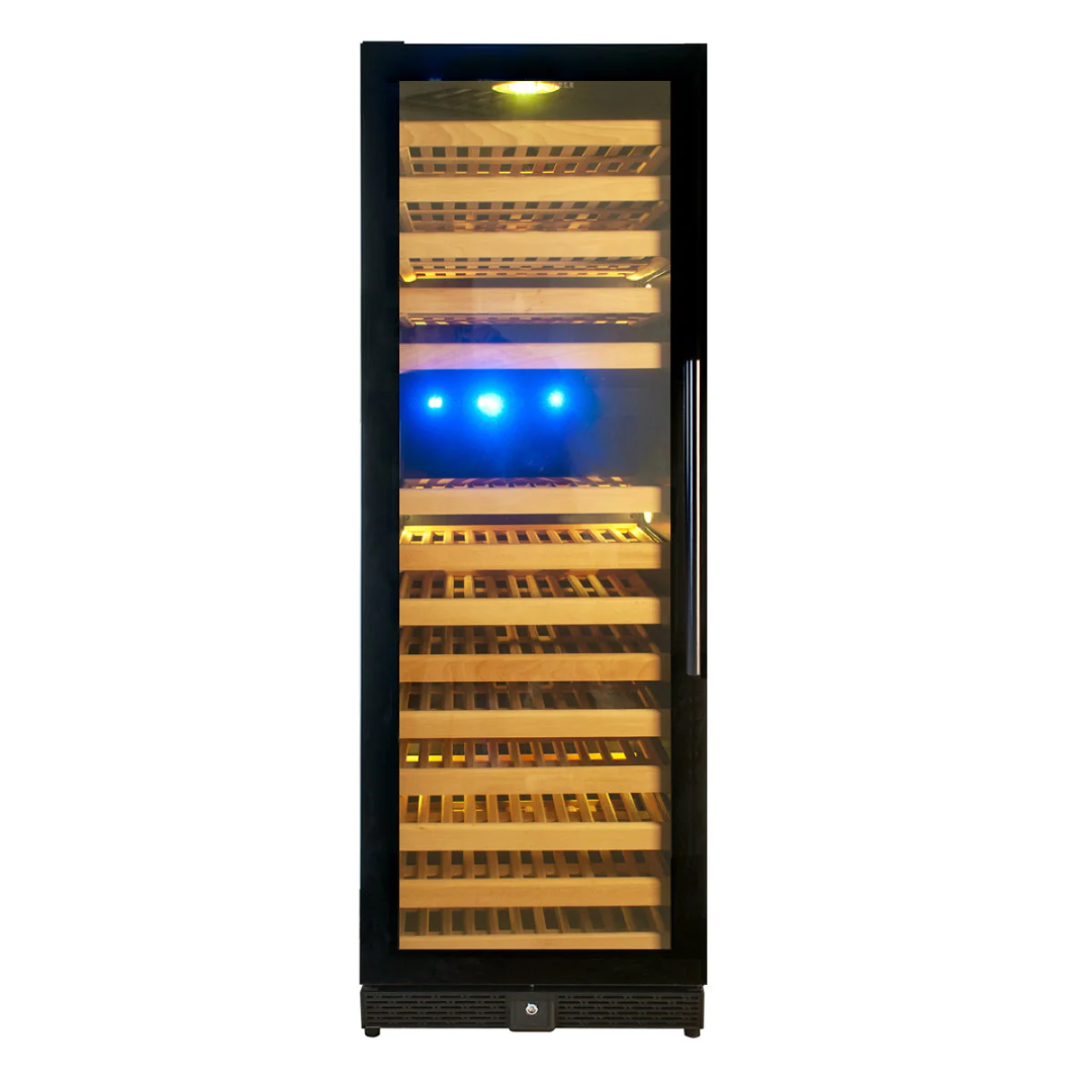 KBU170DX 170-bottle tall built-in wine cooler with black glass door, wooden shelves, amber interior LED lighting, blue LED accent and stainless bar handle
