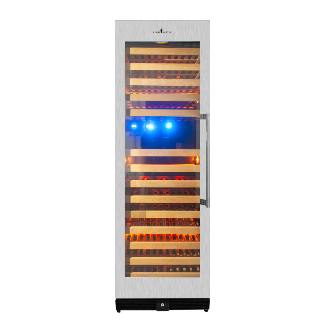 KBU170DX-SSLHHOrange stainless steel single-door glass wine cooler with wooden slide-out shelves and blue and orange LED interior lighting