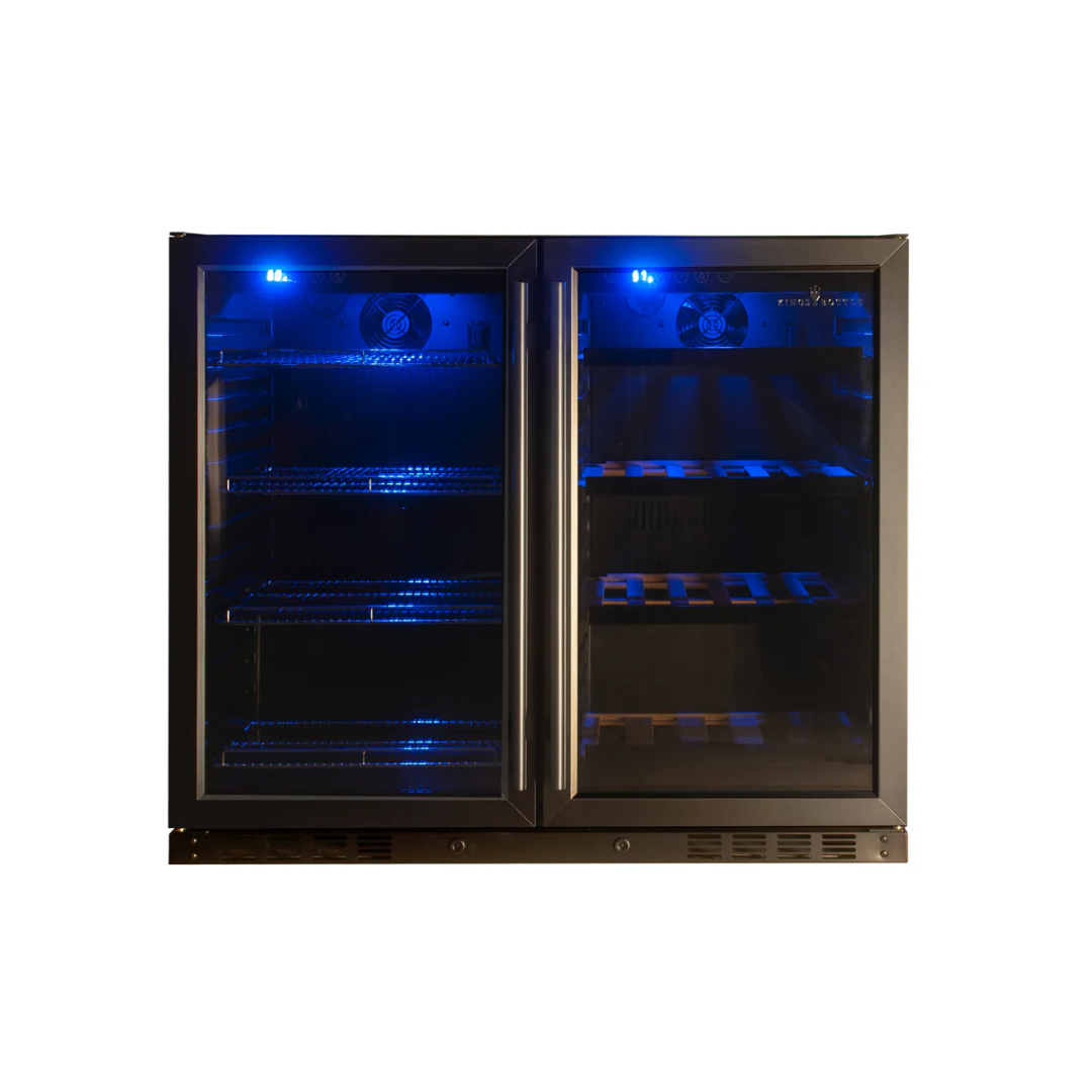 KBU28LRX 28-inch built-in dual-zone wine and beverage cooler with blue LED interior, double glass doors, stainless steel handles, adjustable wire and wood shelves for undercounter install