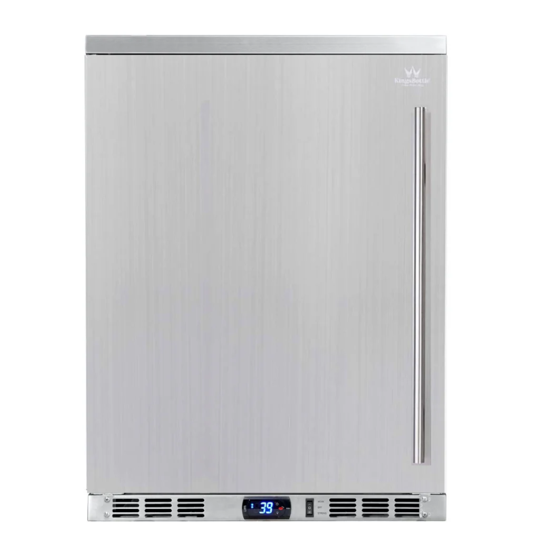 KBU55ASDLHH stainless steel built-in undercounter refrigerator with right-hinged door and vertical bar handle, bottom-vent compressor and digital blue LED thermostat display reading 39°F, compact beverage fridge for kitchen, bar or outdoor island