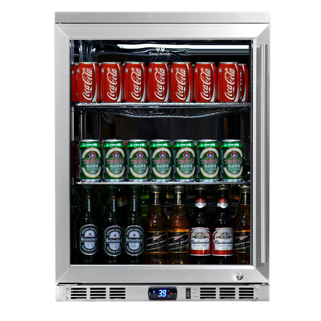 KingsBottle KBU55M-LHH stainless steel undercounter beverage refrigerator, left-hinged glass door beer and soda cooler with digital thermostat display reading 39°F