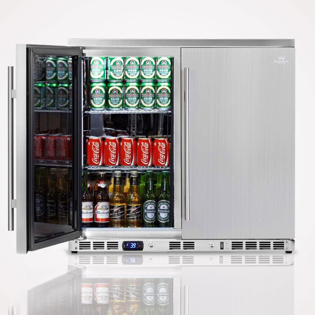KBU56ASD 24-inch stainless steel undercounter dual-door beverage refrigerator with glass display door and digital temperature control, stocked with beer bottles and soda cans