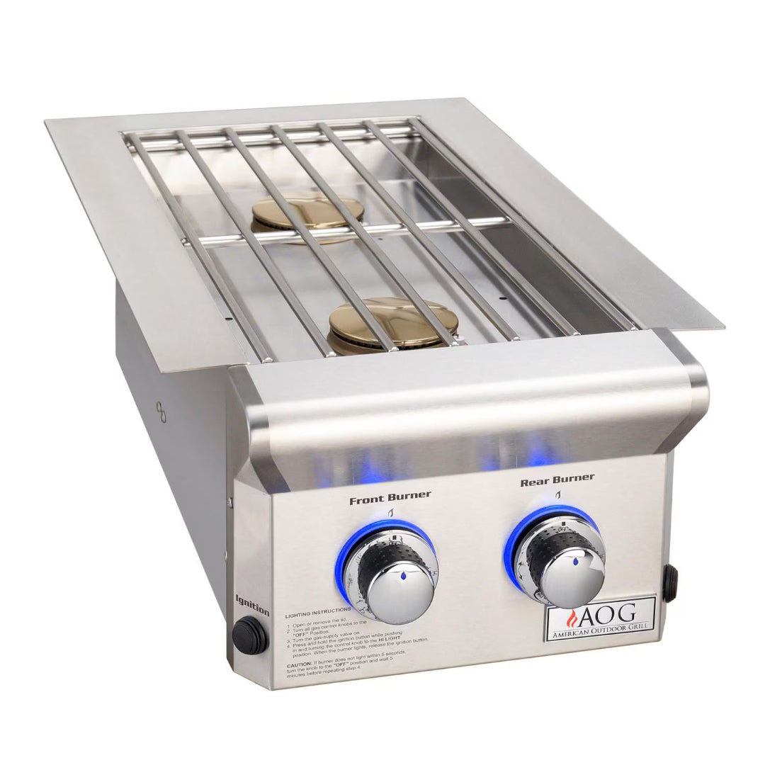 AOG L-Series double side burner stainless steel built-in two-burner unit with brass burner caps, stainless cooking grate and blue LED illuminated control knobs for outdoor kitchen island
