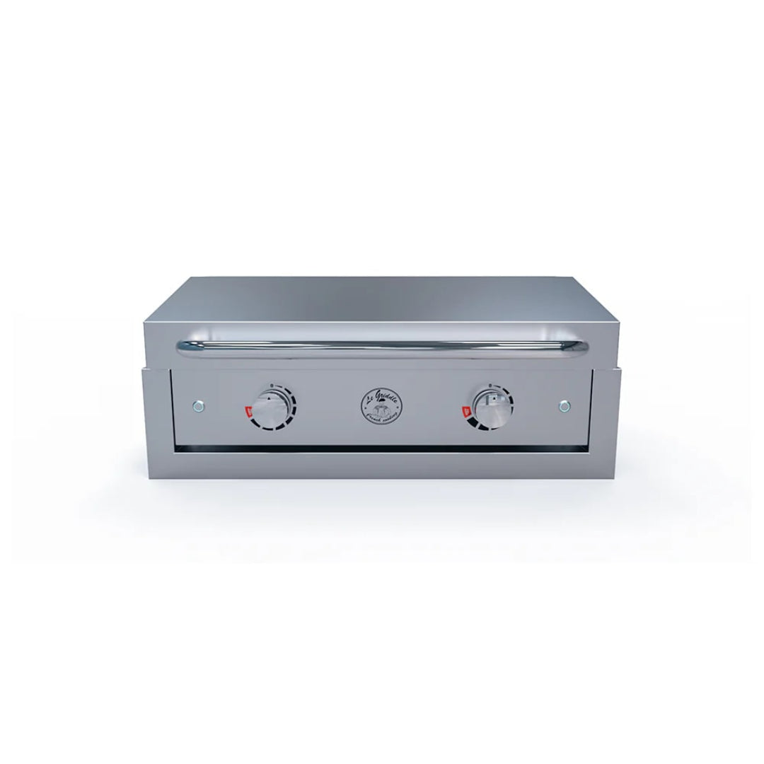 LeGriddle GFLID75 GEE75 GFTRIM75 built-in stainless steel outdoor griddle insert with dual control knobs, front grease drawer and flush-mount trim