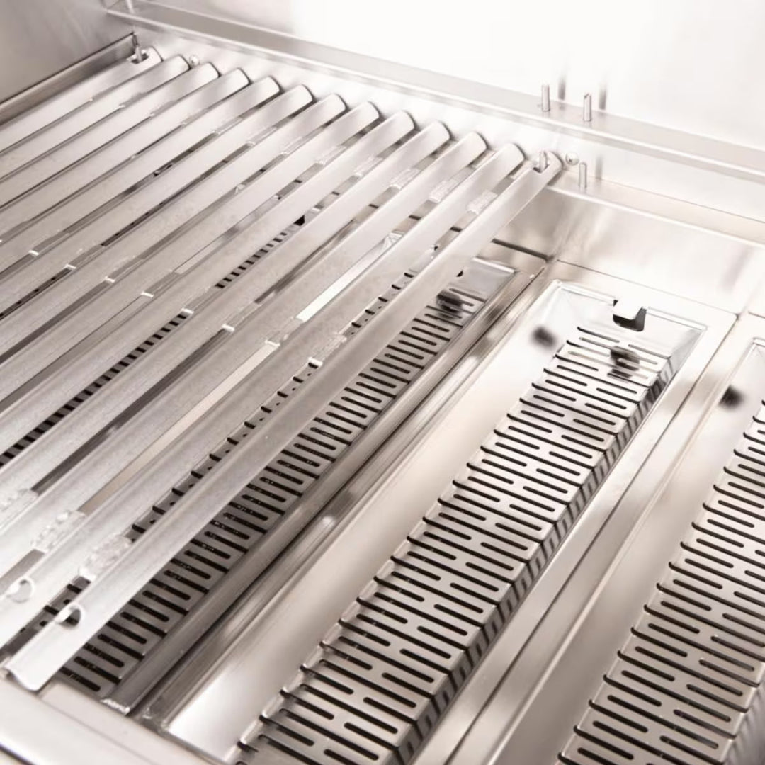 Cooking grates, American Made Grills Muscle 54", stainless steel rods and heat distribution trays visible