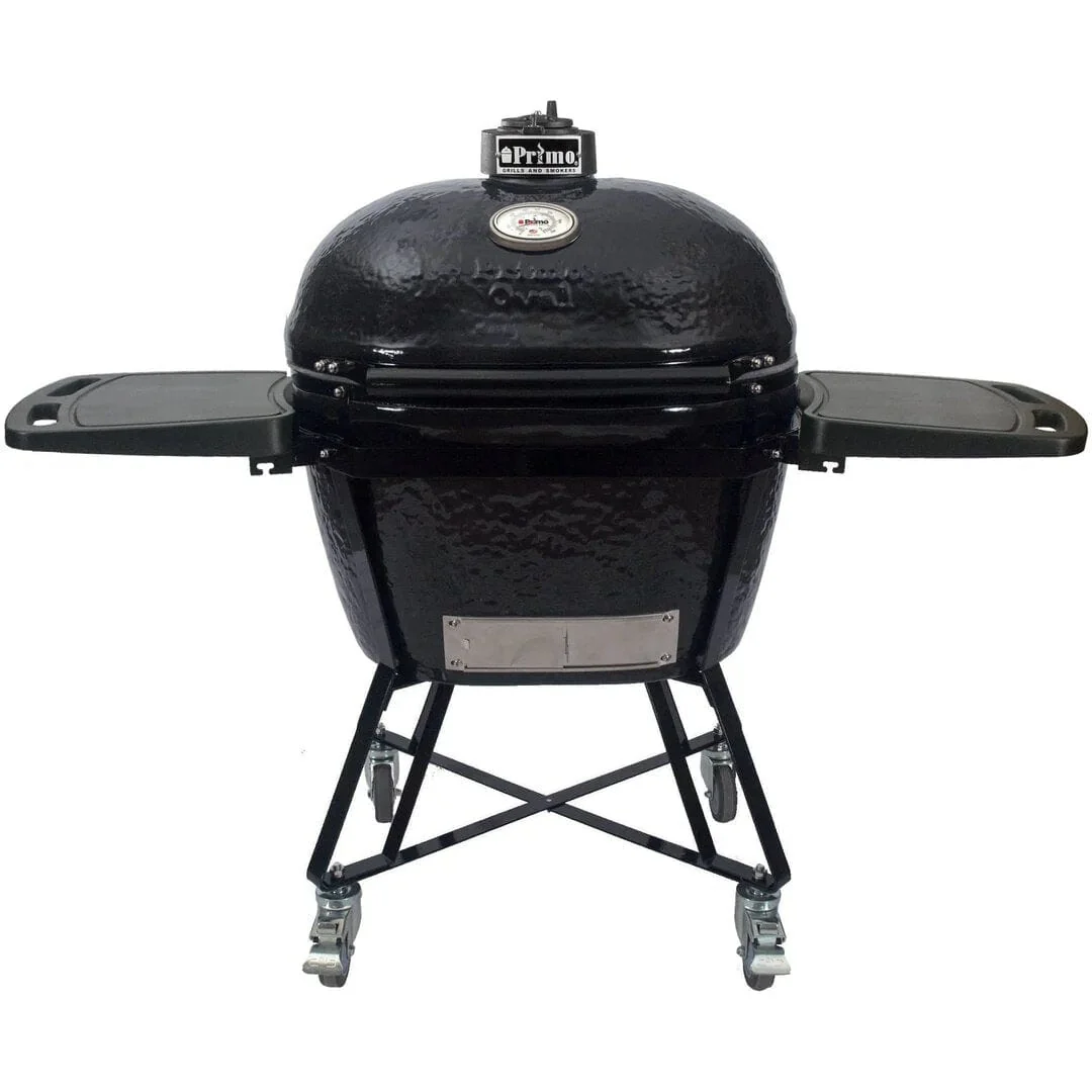 Primo XXL kamado ceramic charcoal grill and smoker on wheeled cart with folding side shelves and built-in lid thermometer, black outdoor barbecue