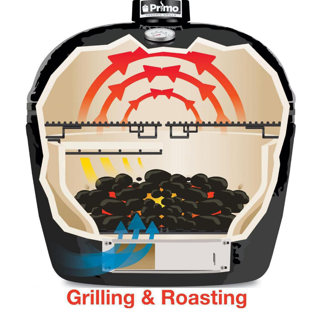 Primo XXL ceramic kamado grill cross-section illustration showing charcoal bed, lower intake vents, top vent heat circulation arrows and adjustable dual-level grates for grilling and roasting