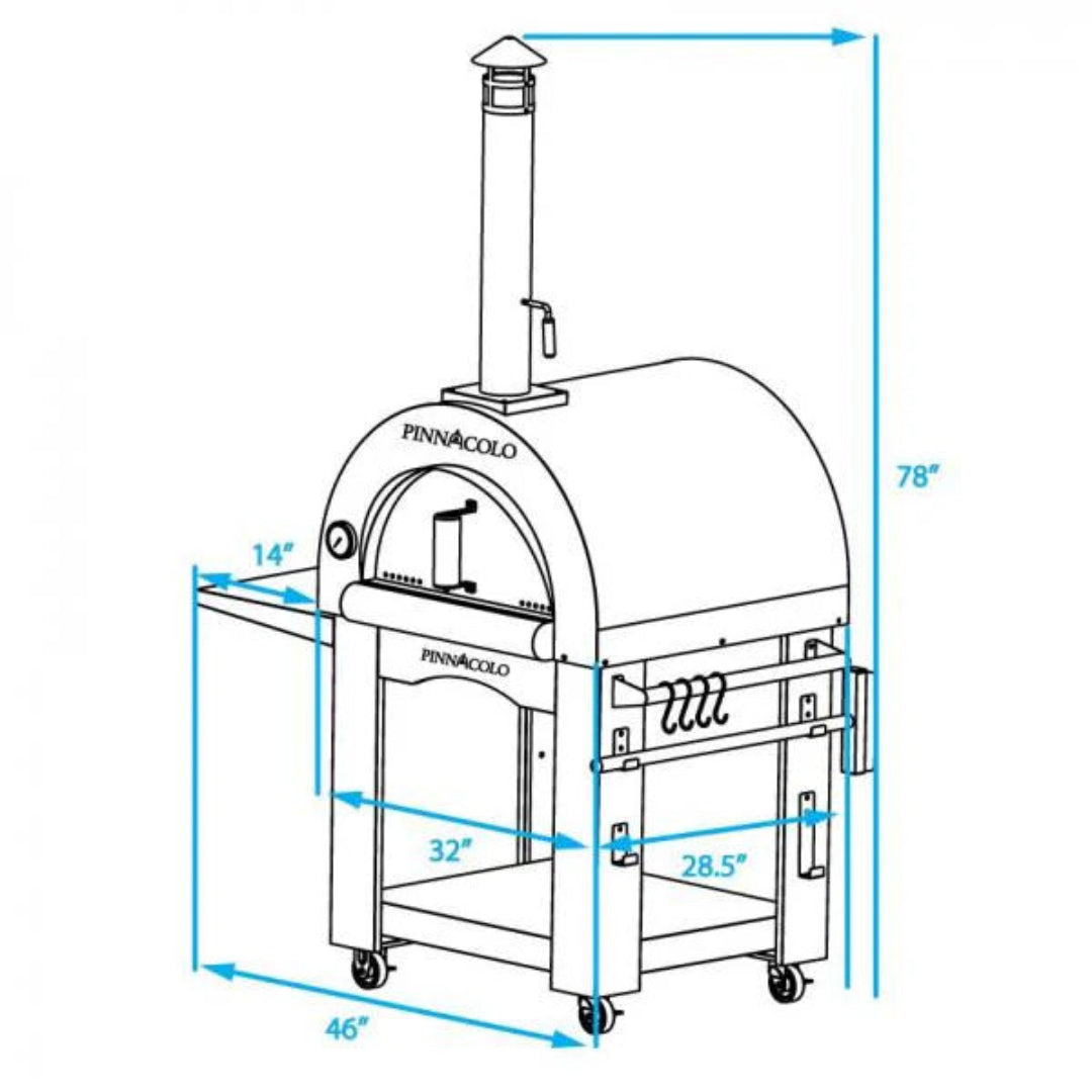 Pinnacolo Portable Pizza Oven PPO-1-02-10 measurement diagram showing portable outdoor pizza oven on wheeled cart with chimney, fold-down side shelf and tool hooks; dimensions 78 in H × 46 in L × 32 in oven floor × 28.5 in interior