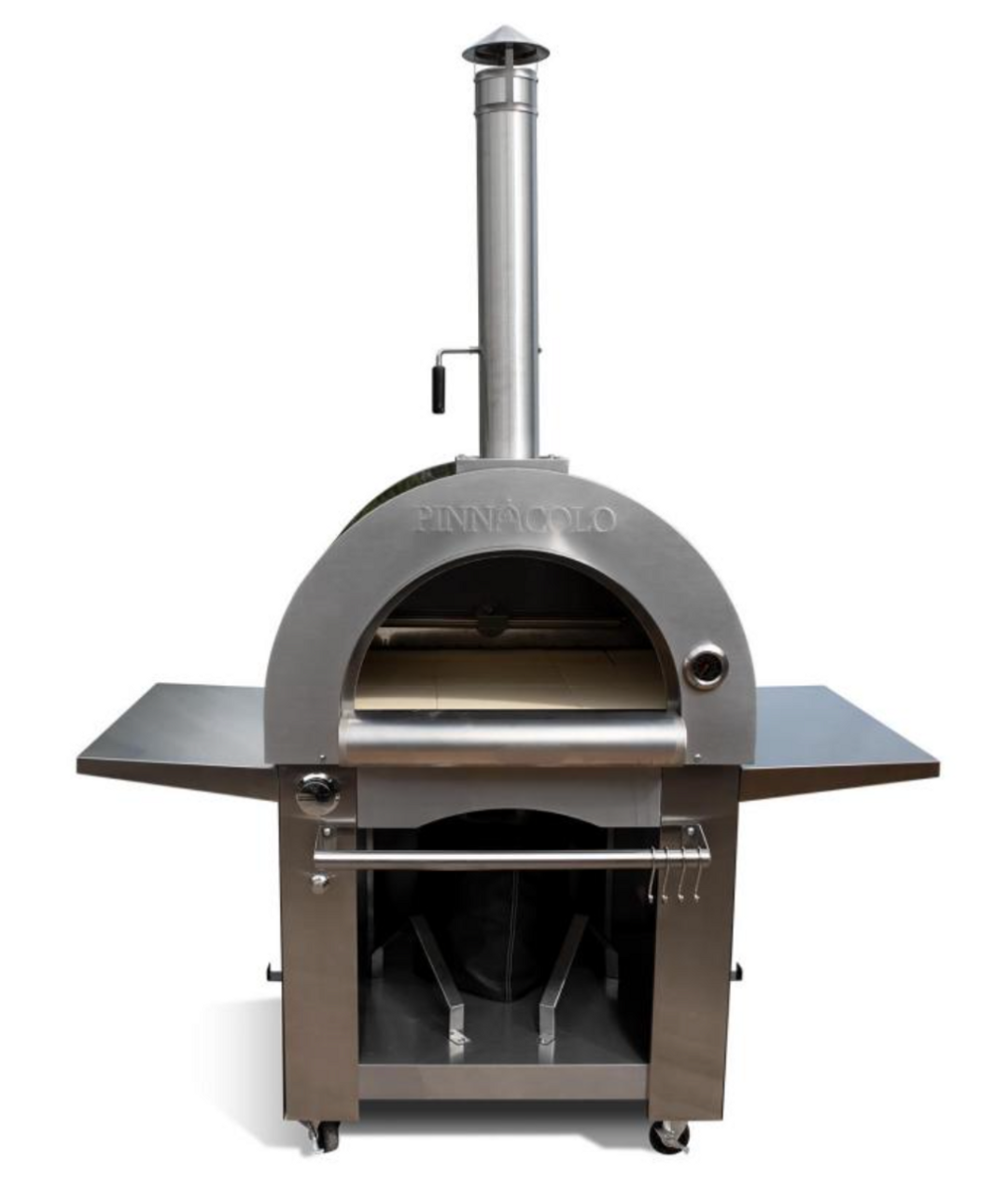Pinnacolo stainless-steel wood-fired outdoor pizza oven on wheeled cart with chimney, fold-down side shelves, pizza stone floor and front temperature gauge