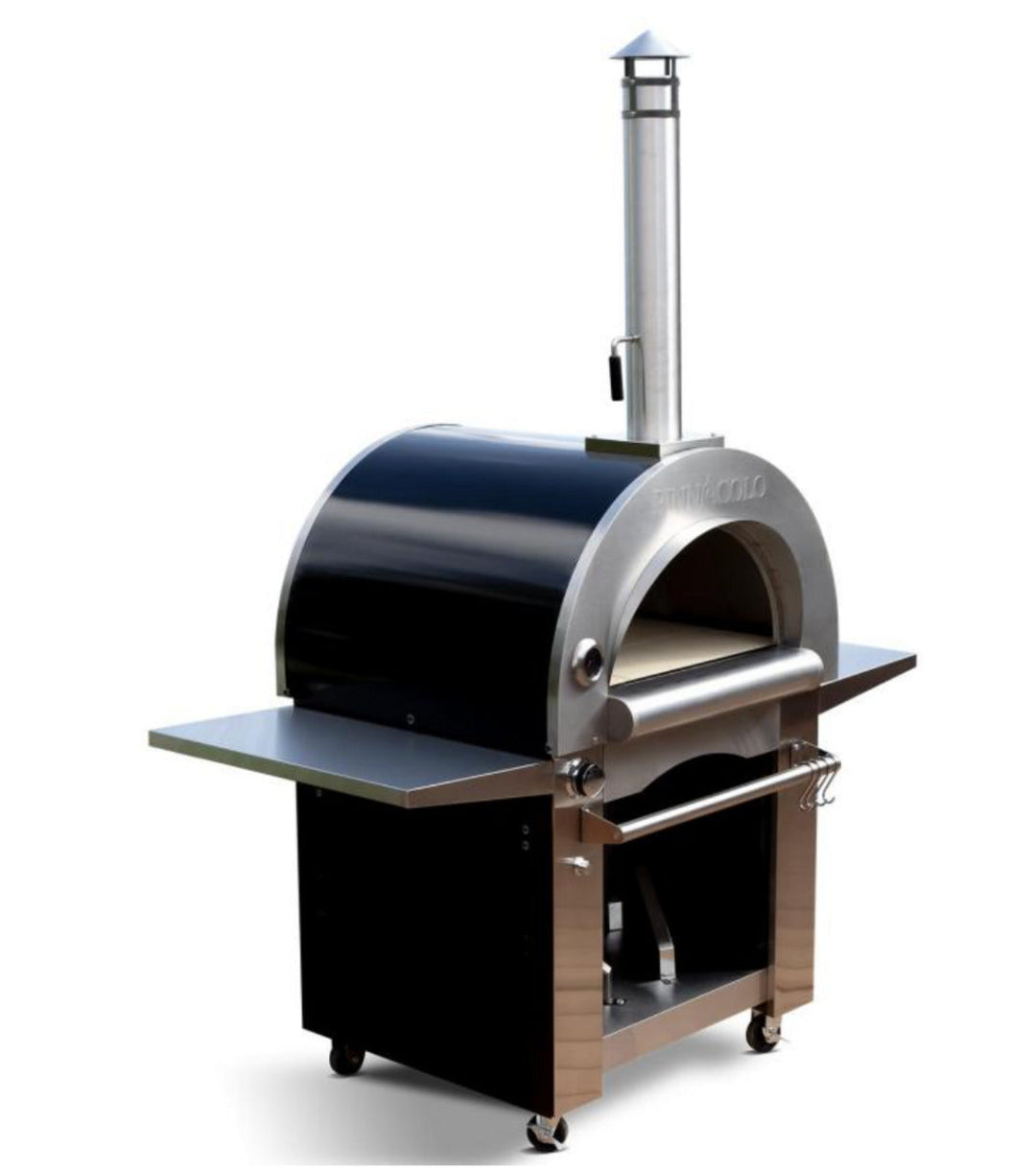Pinnicolo portable wood-fired outdoor pizza oven on stainless-steel cart with chimney, stone baking floor, fold-down side shelves and caster wheels