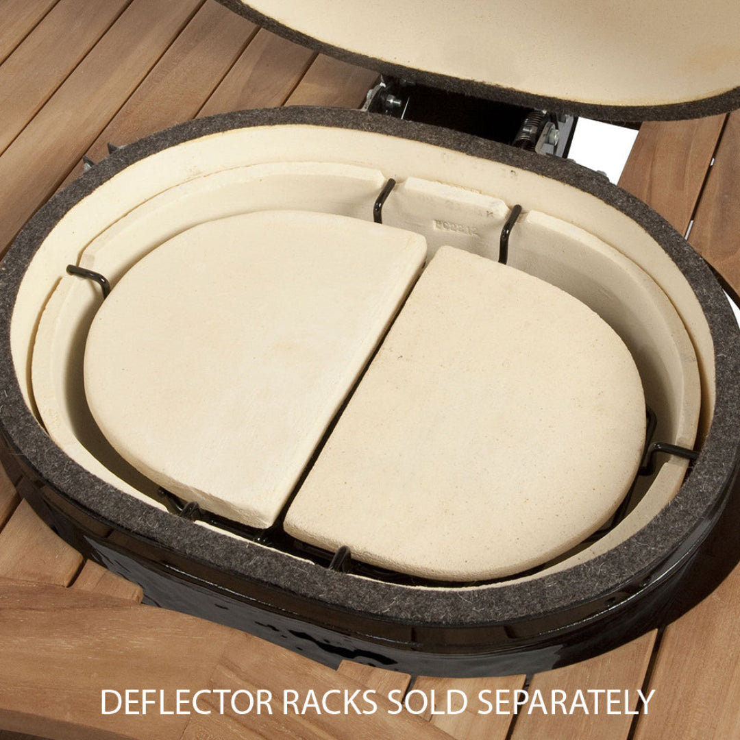Replacement Primo ceramic heat deflector plates for LG300 kamado grill, two semicircular stone halves on deflector rack for indirect cooking, smoking and pizza baking