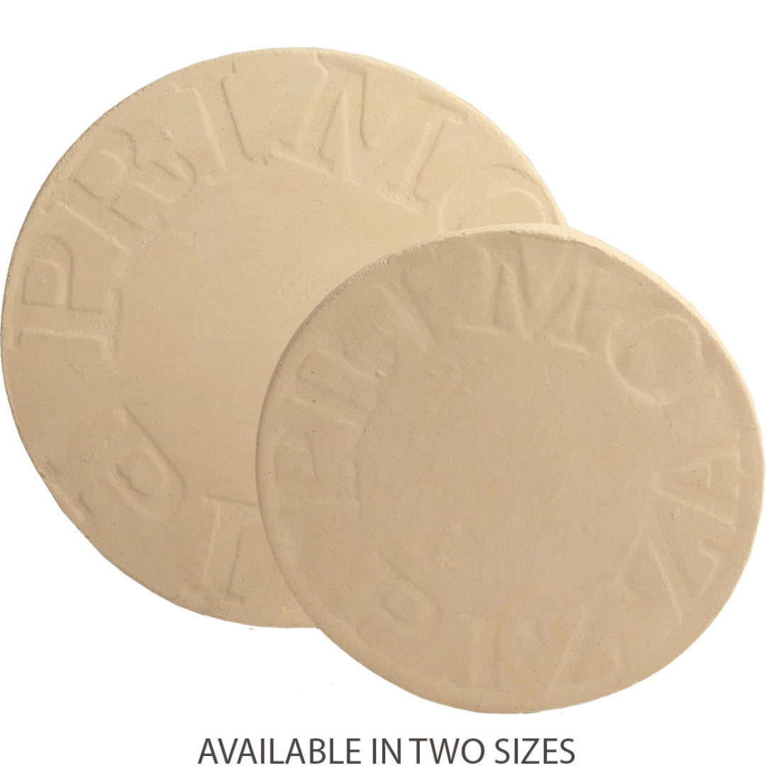 Primo 16-inch natural finish round ceramic baking stone, pizza oven accessory for Primo kamado grills and outdoor ovens, shown with smaller size — available in two sizes