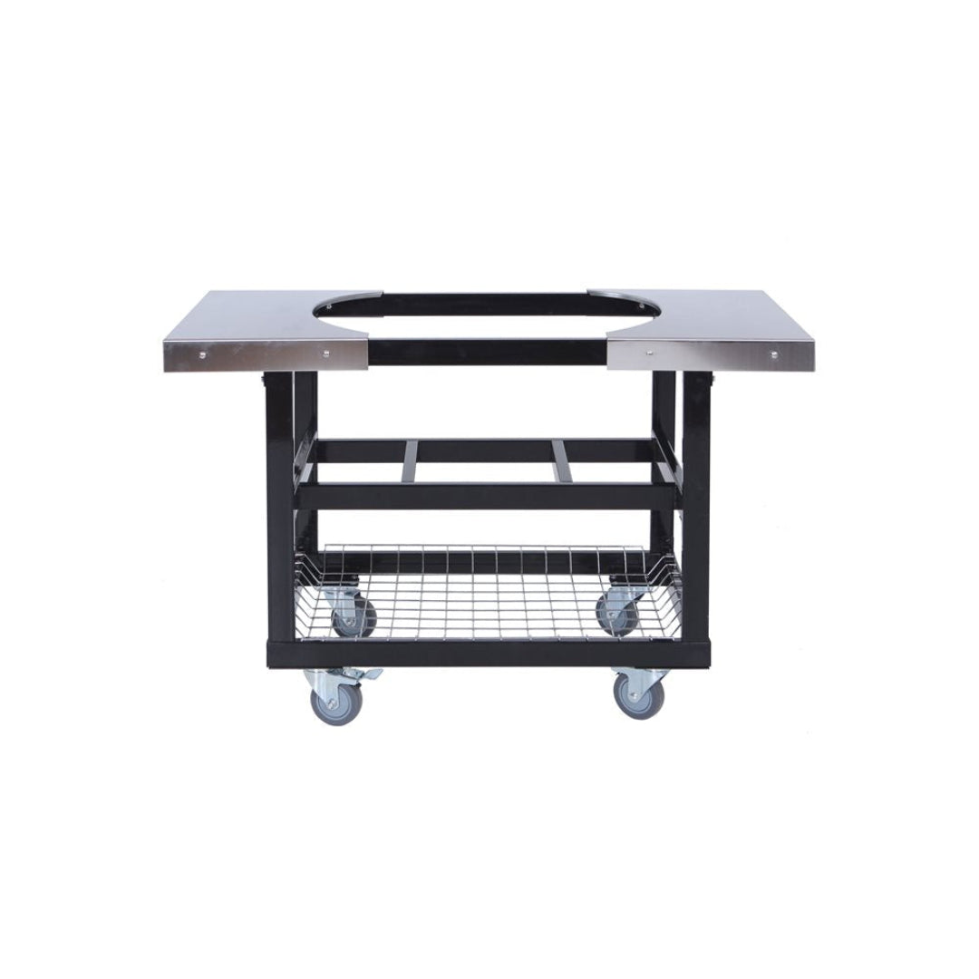 Primo Cart Base PG00370 with lower wire basket and stainless steel side shelves, locking casters, mobile outdoor grill cart for Primo kamado