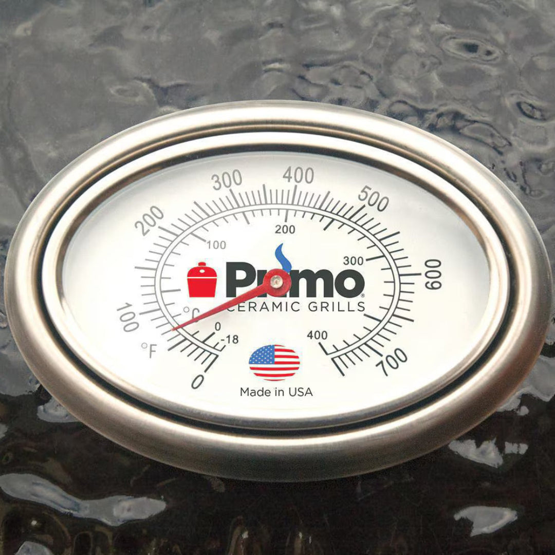 Primo XL oval replacement lid thermometer gauge with Primo logo for Primo ceramic kamado grills, stainless steel bezel, 0-700°F temperature gauge, Made in USA