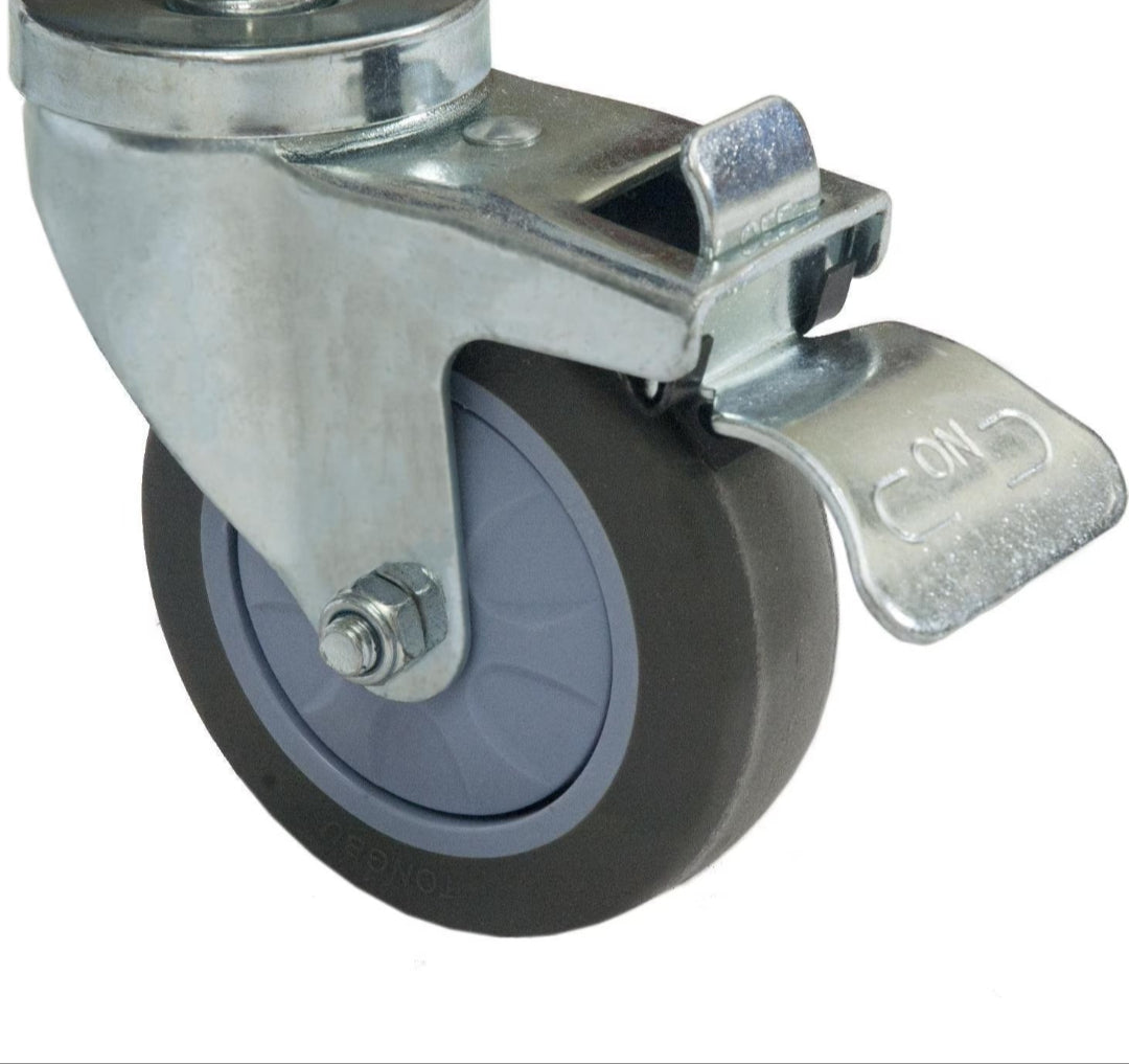 Primo XL 5-inch locking swivel caster wheel with foot brake, zinc-plated steel bracket, gray rubber tread and nylon hub — replacement caster for Primo XL kamado grill cart and heavy-duty utility carts