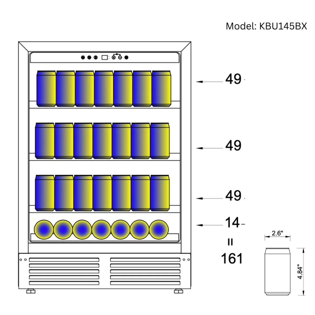 KBU145BX 161-can undercounter beverage cooler capacity diagram showing three shelves with 49 cans each and a lower shelf with 14 cans, includes can dimensions 2.6 in x 4.84 in