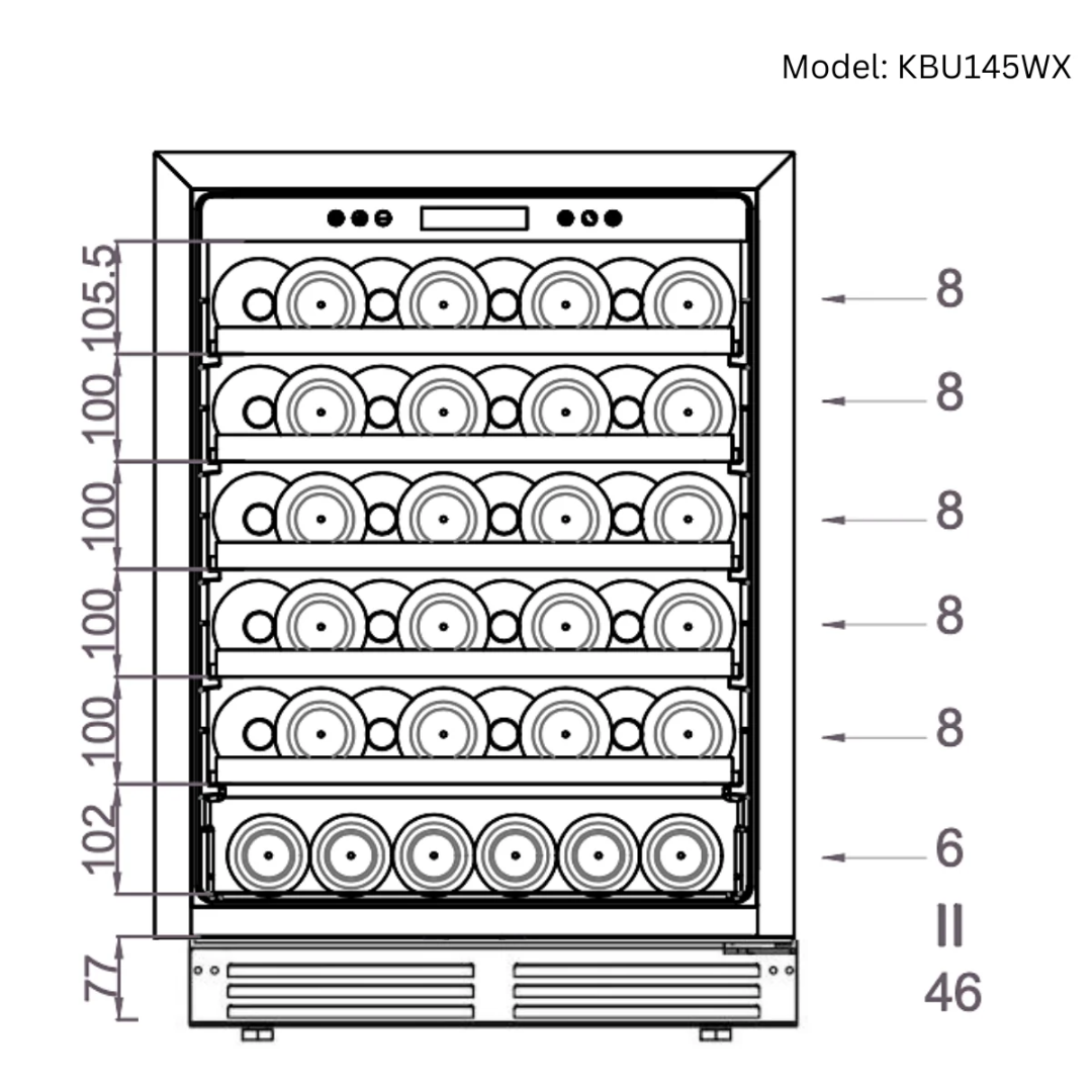 KBU145WX 46‑bottle built‑in undercounter wine cooler diagram — front view showing shelf layout (five 8‑bottle shelves + one 6‑bottle shelf), digital control panel and vented toe‑kick