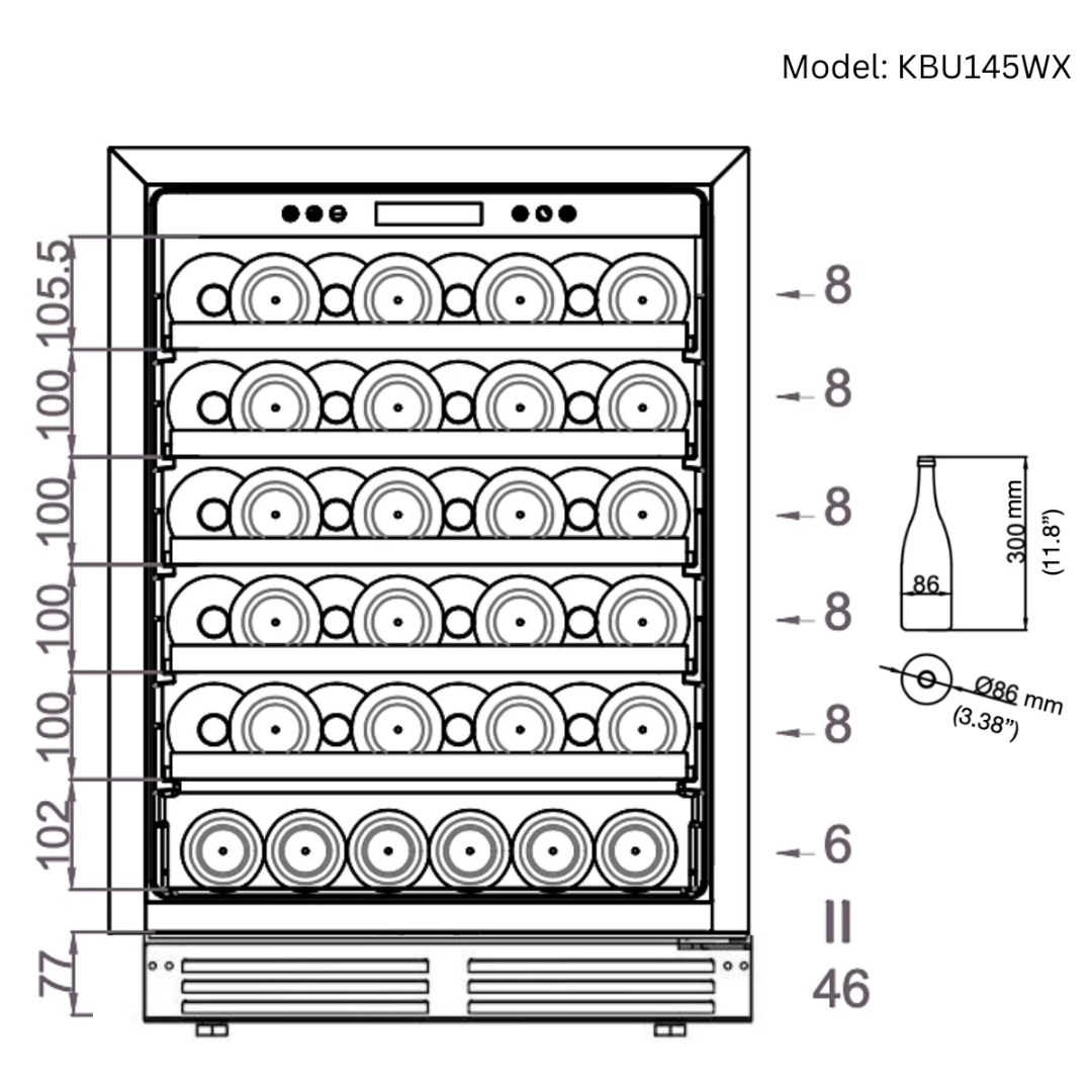 Model KBU145WX 46-bottle built-in undercounter wine cooler technical diagram showing six-shelf wine storage layout (8 bottles per shelf, bottom 6), 100–105mm shelf spacing, 300mm bottle height × Ø86mm diameter, front-vented toe-kick and digital control panel