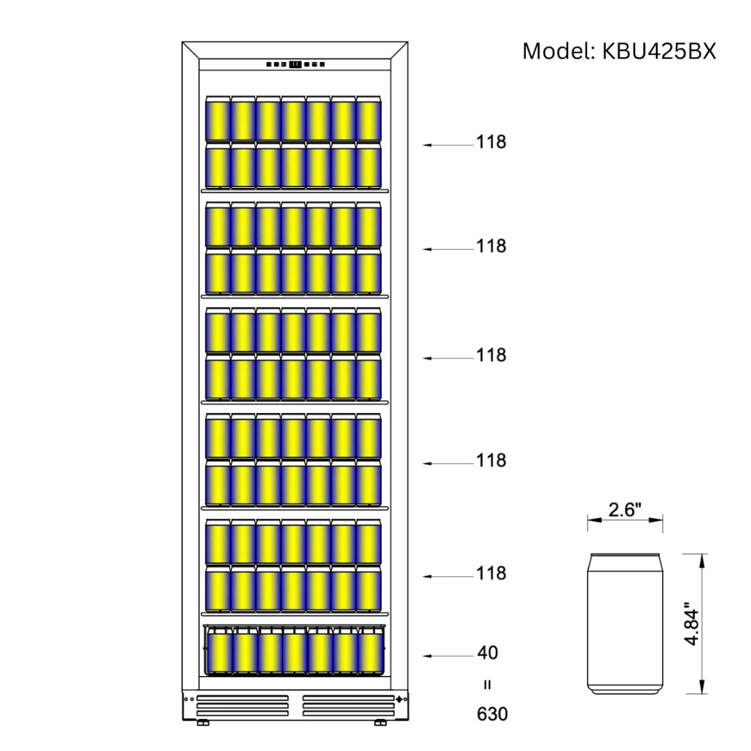 KBU425BX upright glass-door commercial beverage cooler diagram, stainless steel merchandiser refrigerator for bars and restaurants, 630 standard 12 oz can capacity (118 cans per shelf, 40 bottom), can size 2.6" x 4.84"