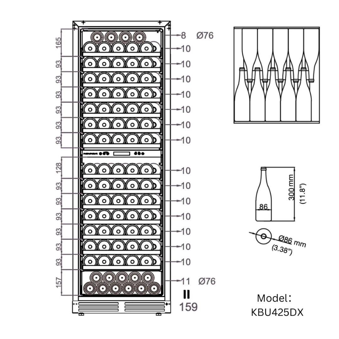 KBU425DX wine refrigerator technical diagram – tall wine cooler layout showing horizontal bottle storage (10 bottles per shelf), bottle dimensions Ø86 mm x 300 mm (3.38″ x 11.8″), shelf spacing 93 mm, front-vent compressor and digital control panel, 159-bottle capacity
