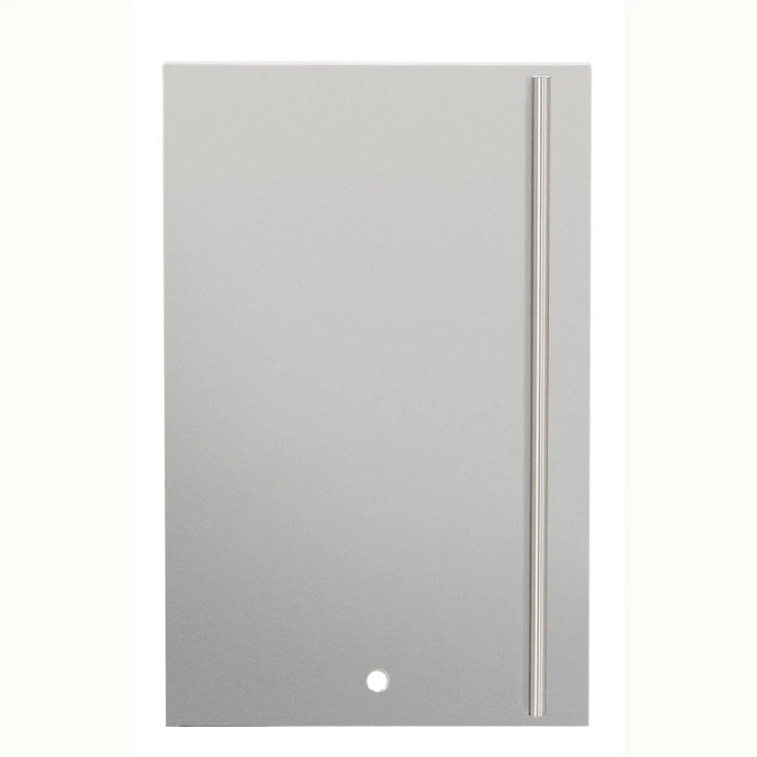 TF-RFR-SL-1 stainless steel replacement refrigerator door panel with right-side vertical tubular handle and predrilled lock hole for built-in outdoor beverage cooler