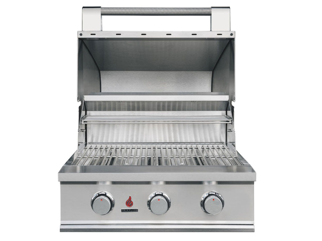TrueFlame TFE25-NG 3-burner built-in stainless steel natural gas grill for outdoor kitchen with warming rack and hood open