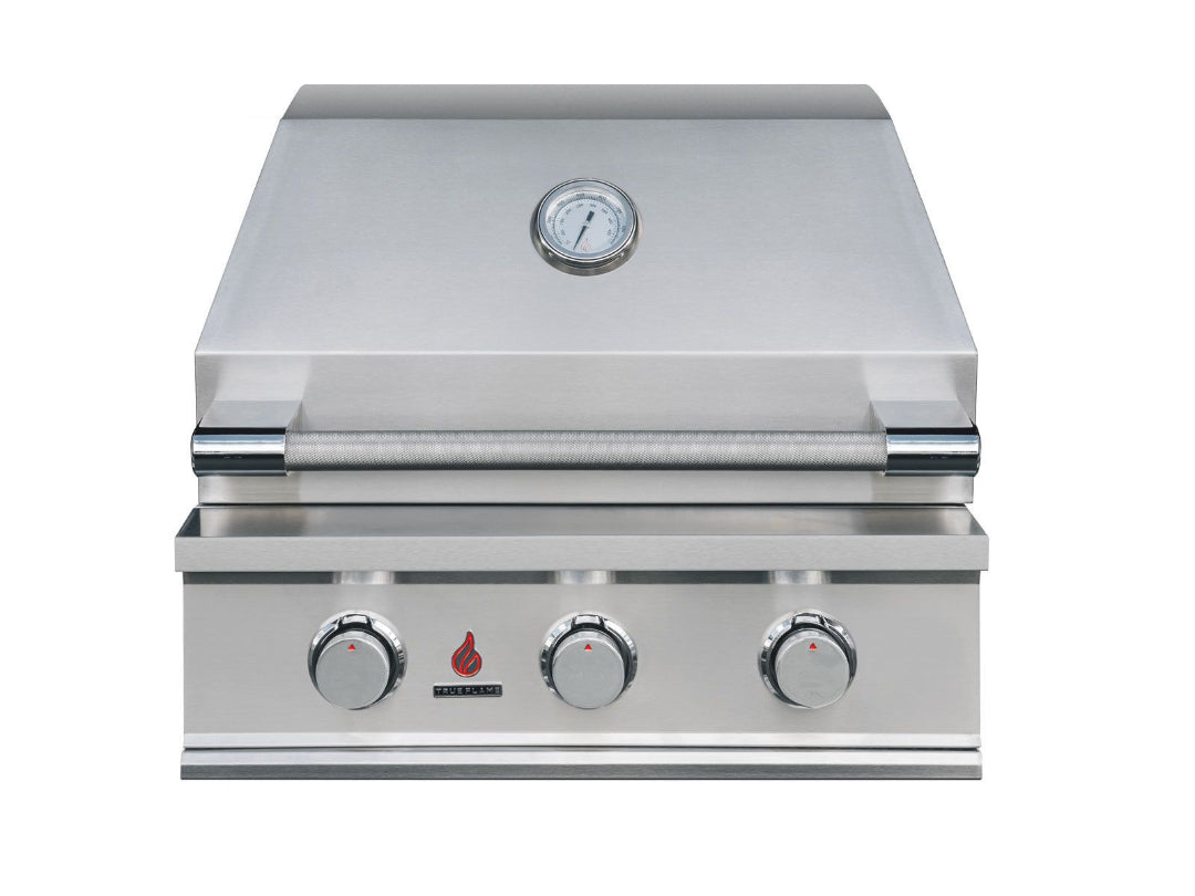 TrueFlame TFE25-NG 25-inch 3-burner built-in natural gas stainless steel grill with hood thermometer and three control knobs, front view