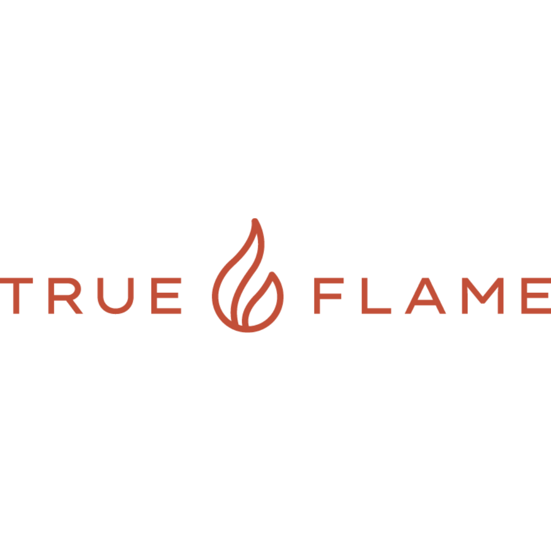True Flame logo - rust-orange stylized flame icon with uppercase wordmark, brand logo for Vine & Flame fireplace and outdoor fire pit products