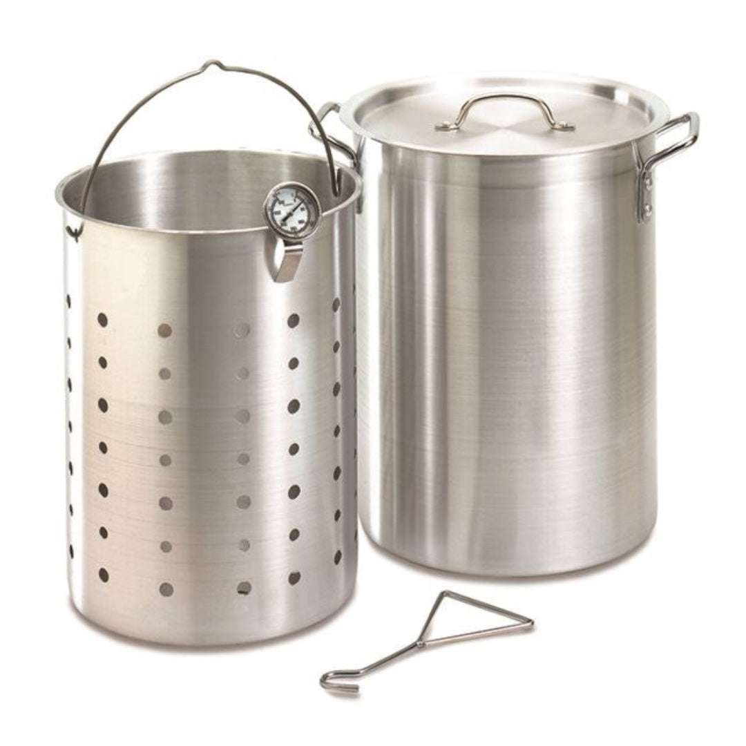 Stainless steel turkey frying pot kit with perforated basket, clip-on thermometer, lid and lifter hook for outdoor propane deep-frying and boiling whole turkey