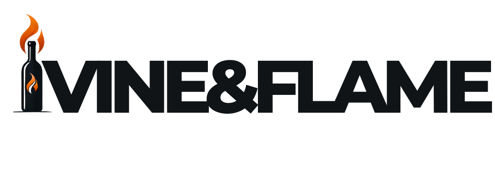 Vine & Flame logo showing black wine bottle silhouette with orange inner flame and flame rising above — brand logo for BBQ grills, smokers, outdoor kitchen, pizza ovens, and wine accessories