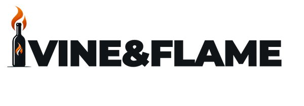 Vine & Flame logo — black wine bottle silhouette with orange flame; brand logo for BBQ grills, smokers, outdoor kitchen, pizza ovens, and wine accessories