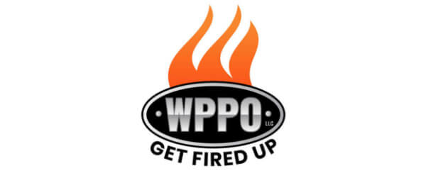 WPPO wood-fired pizza oven logo with orange flame and 'GET FIRED UP' tagline — WPPO pizza ovens at Vine & Flame