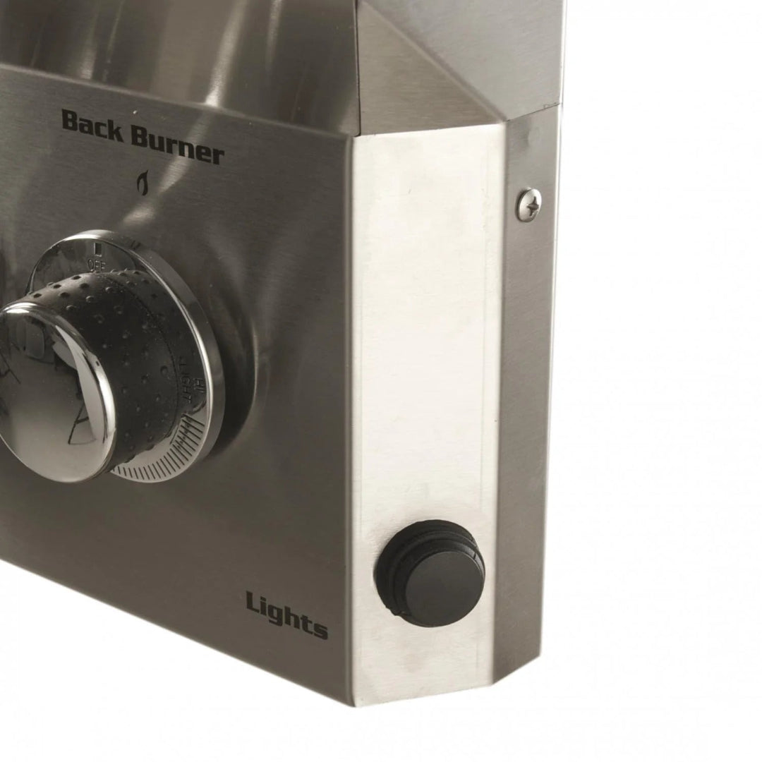 American Outdoor Grill 36-inch L-Series 3-burner freestanding gas grill 36PCL-00SP stainless steel control panel close-up showing back-burner control knob and lights push button