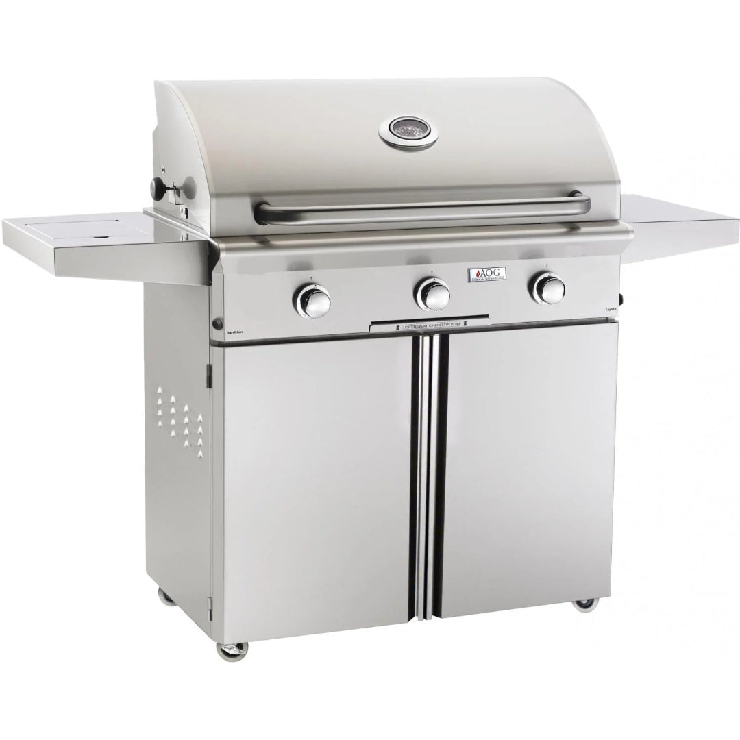 American Outdoor Grill L‑Series 36‑inch 3‑burner stainless steel freestanding outdoor gas grill 36PCL‑00SP with double‑door storage cabinet, folding side shelves, built‑in lid thermometer and caster wheels