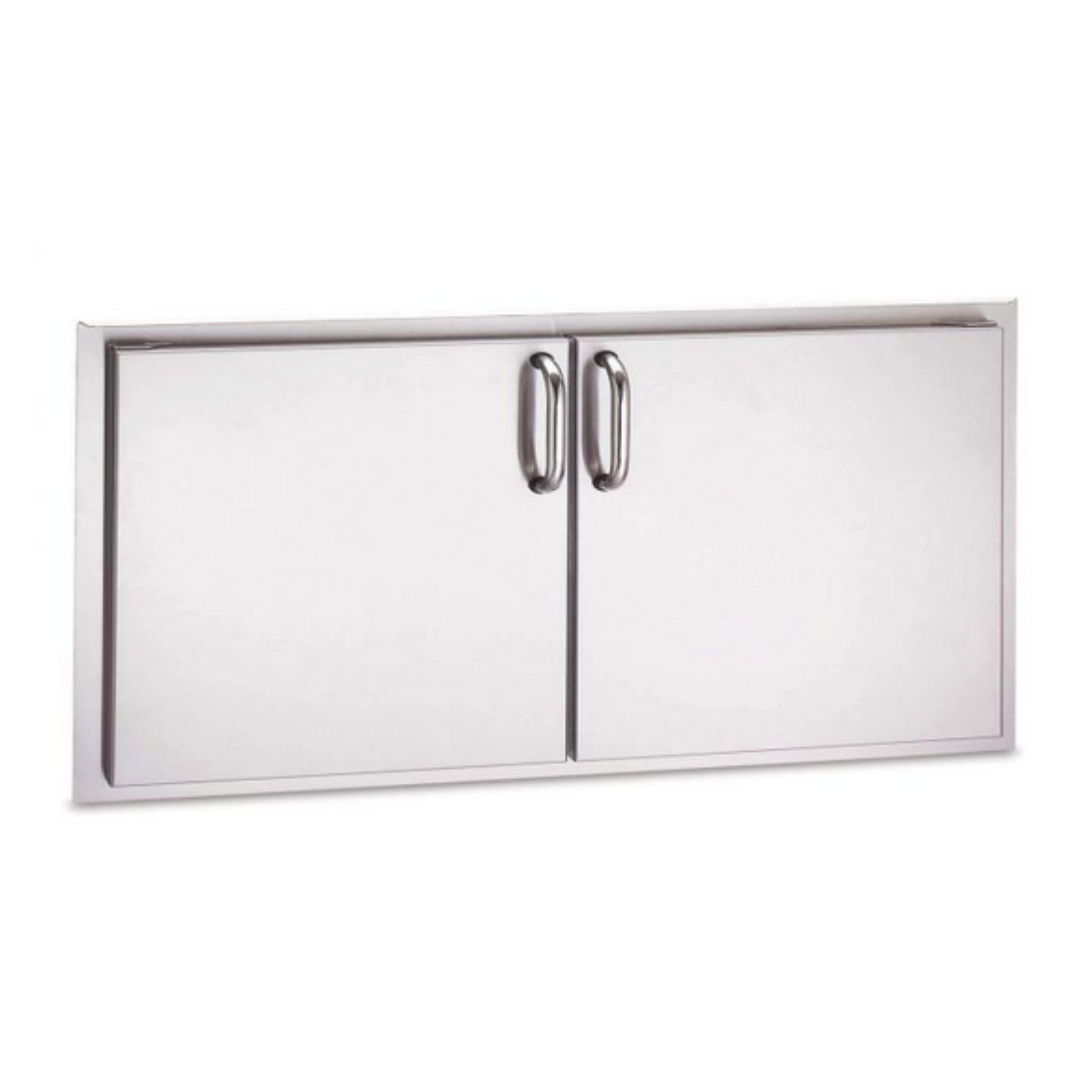 American Outdoor Grill polished stainless steel double access door with handles, designed for outdoor kitchen use.