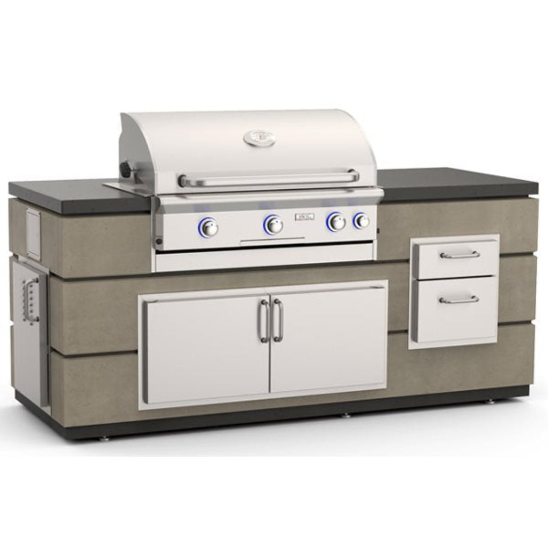 AOG ID 650 contemporary outdoor kitchen island with built-in stainless steel 4-burner gas grill, black granite countertop, concrete-look base, double-door storage cabinet and side drawers