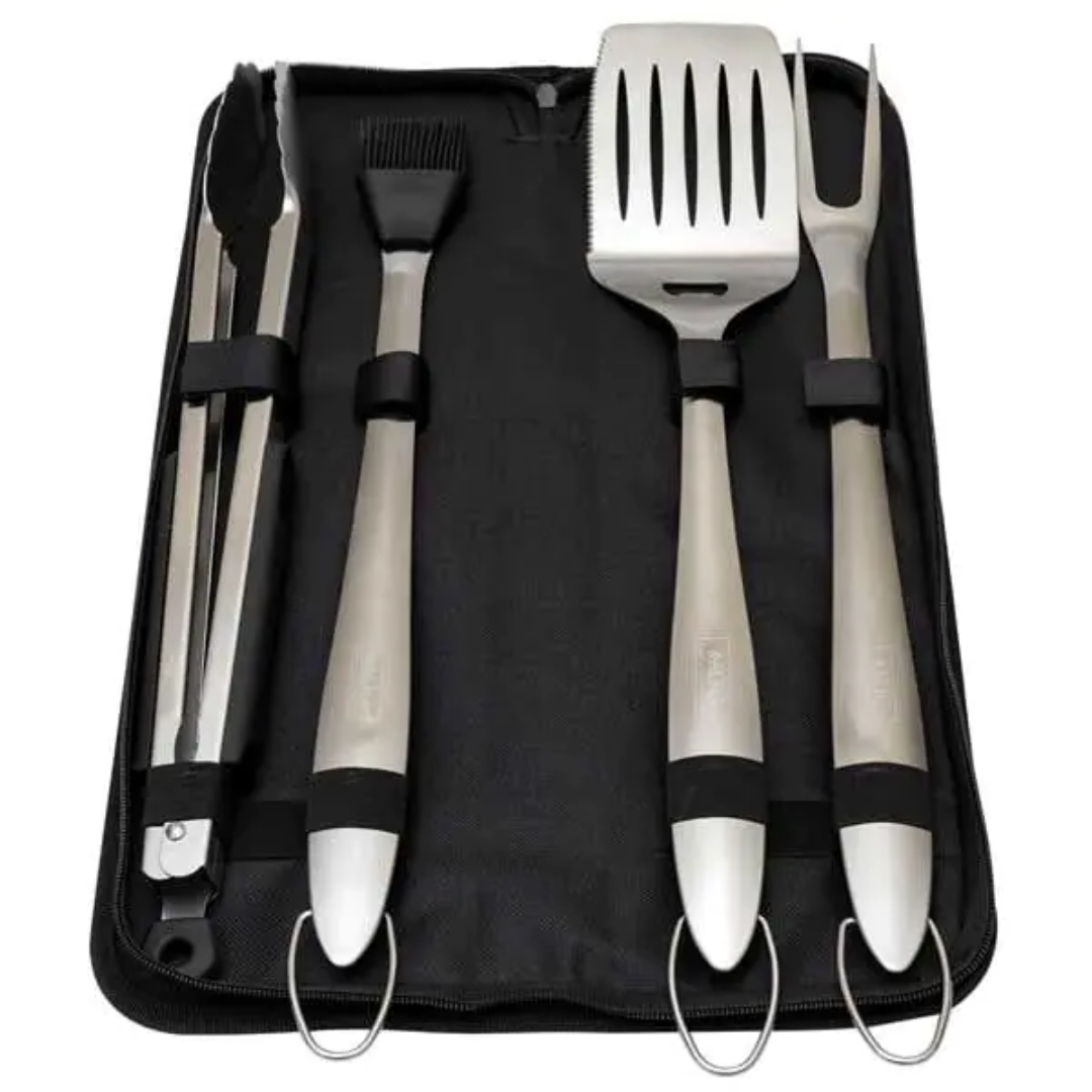 AOG-TK-1 4-piece stainless steel BBQ grill tool kit with long-handled spatula, tongs, basting brush and carving fork in black zippered carrying case for portable outdoor grilling
