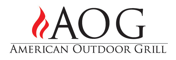 AOG American Outdoor Grill logo with red flame icon, AOG built-in gas grills and outdoor kitchen accessories at Vine & Flame