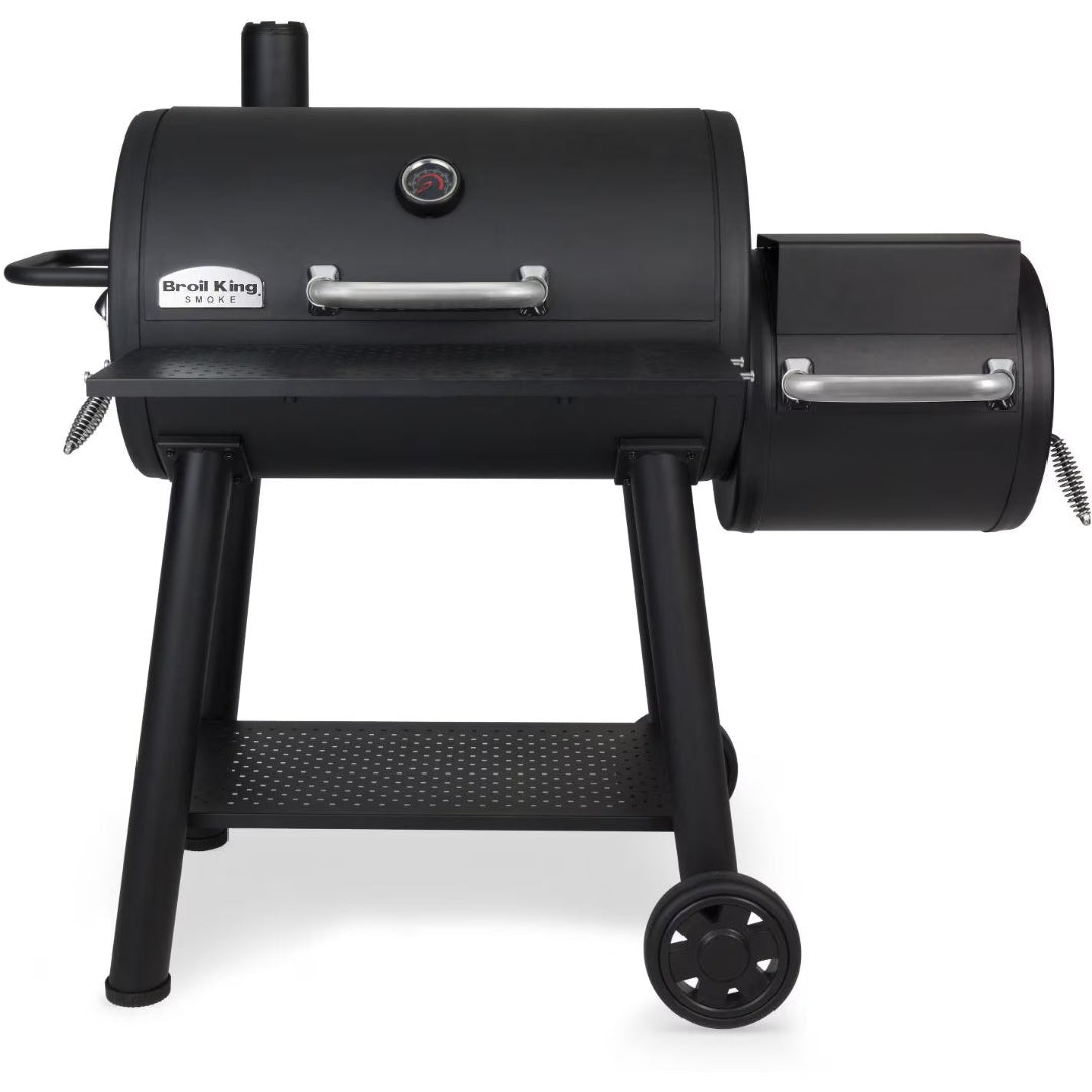 Grill, Broil King, offset smoker, dual-chamber steel design with chimney, built-in thermometer, and bottom shelf
