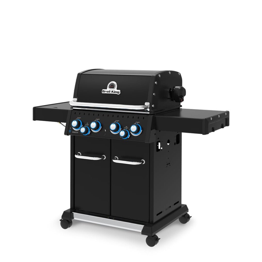 Freestanding grill, Broil King, Baron series, propane gas with side burner and rear rotisserie burner, angled front-right view