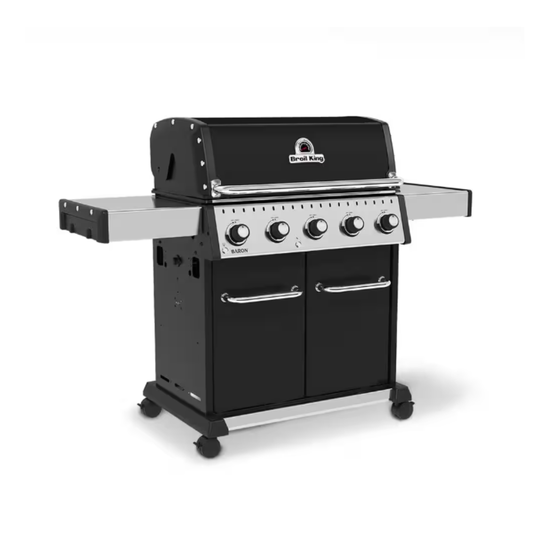 Freestanding gas grill, Broil King, Baron Series, 5-burner propane grill with cabinet base and side shelves