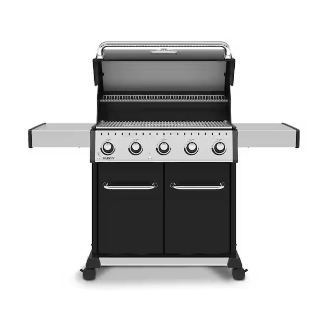 Freestanding grill, Broil King, Baron Series, 5-burner propane gas grill with lid open and dual side shelves