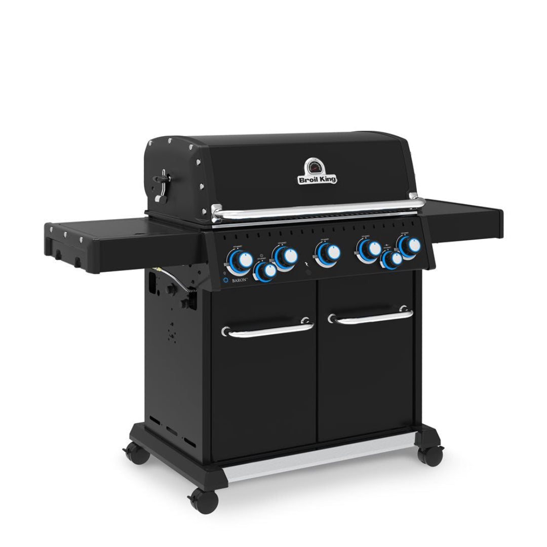 Freestanding grill, Broil King, Baron series, 5-burner propane grill with illuminated control knobs and closed lid